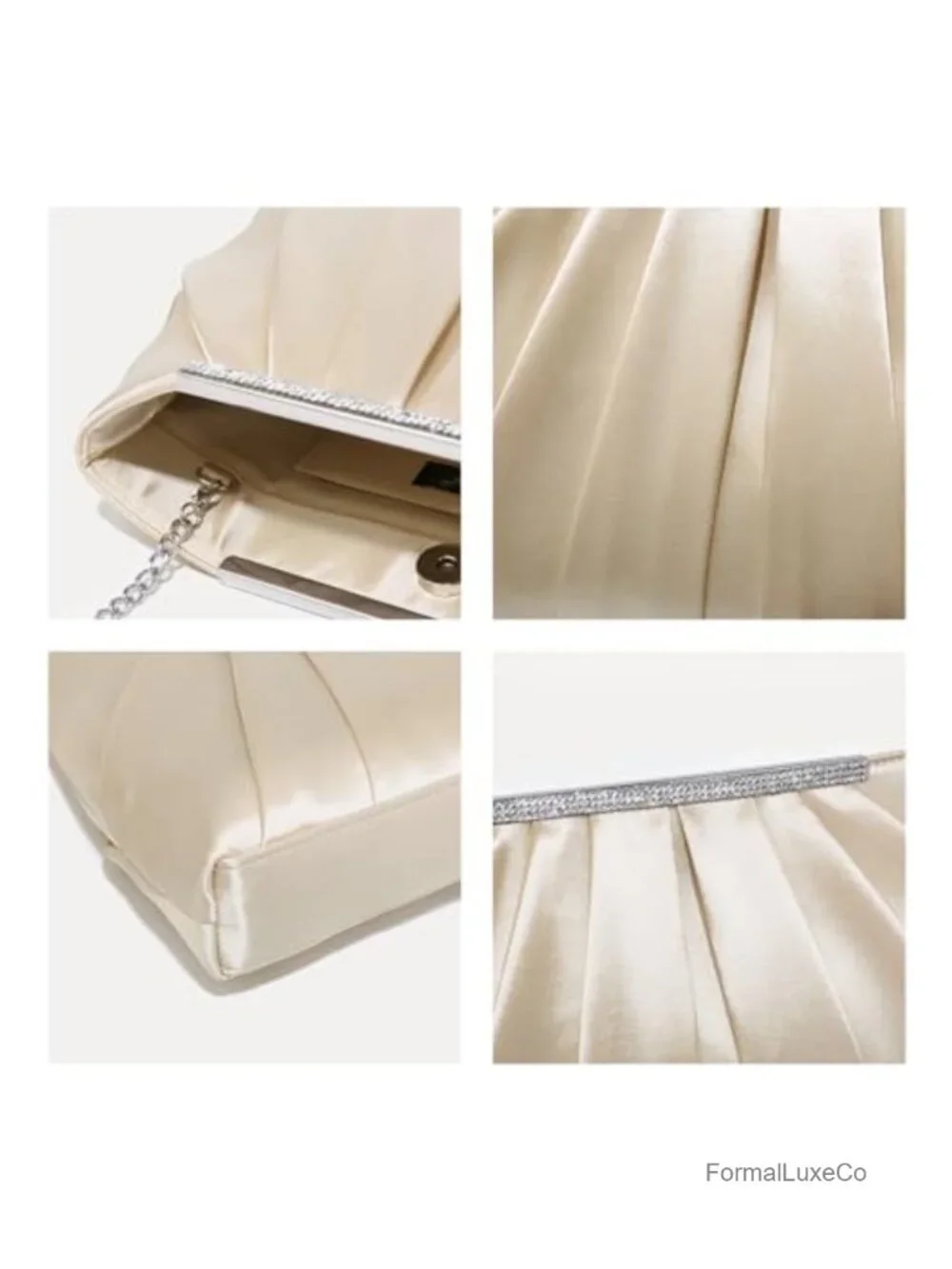 Elegant Pleated Evening Clutch with Rhinestones, Polyester, Detachable Chain